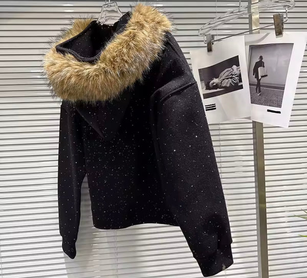 Women Fashion Bling Fur Hooded Two Piece Skirt Set