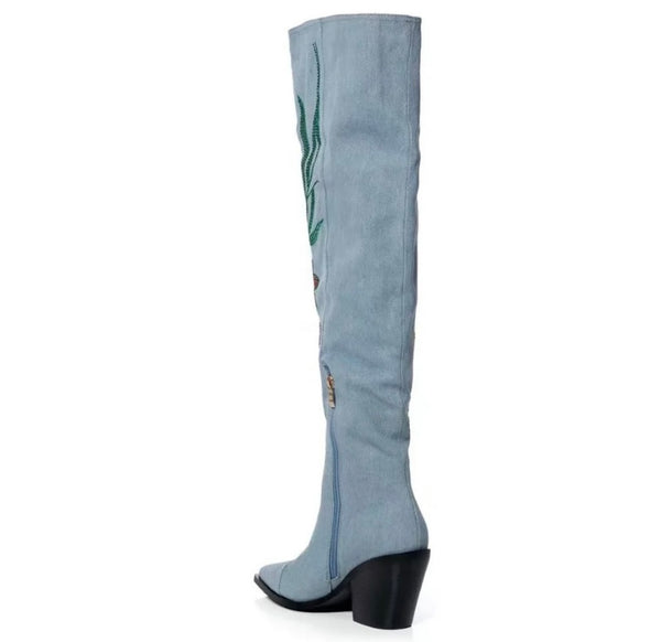 Women Fashion Printed Knee High Western Denim Boots