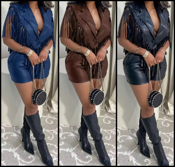 Women Fashion Faux Leather Sleeveless Tassel Two Piece Short Set