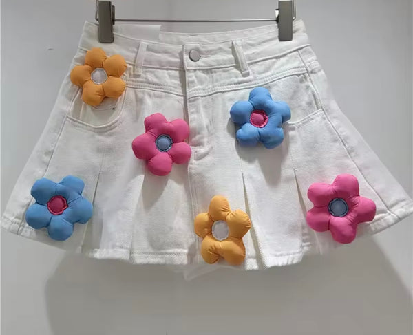 Women Fashion 3D Floral Patchwork Denim Pleated Skirt