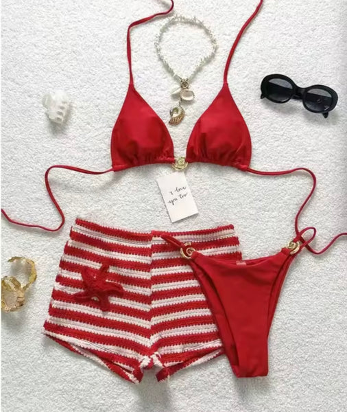 Women Sexy Red Bikini Striped Cover Up Set