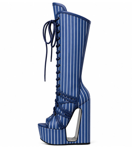Women Fashion Striped Open Toe Platform Wedge Tie Up Boots