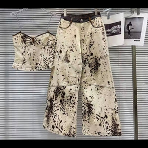 Women Chain Sleeveless Leopard Print Denim Two Piece Pant Set
