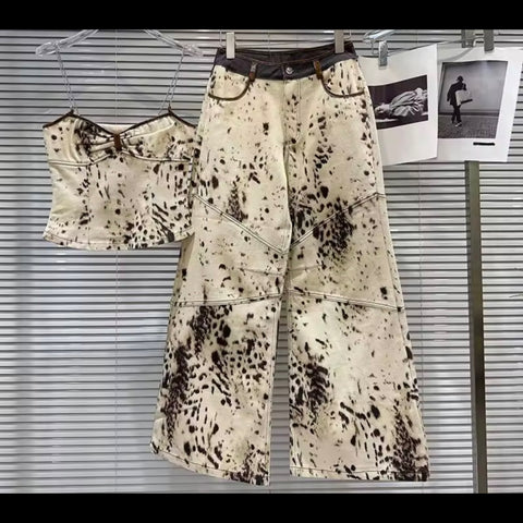 Women Chain Sleeveless Leopard Print Denim Two Piece Pant Set