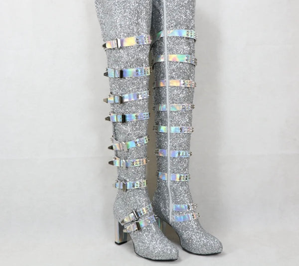 Women Silver Fashion Buckled Over The Knee Boots