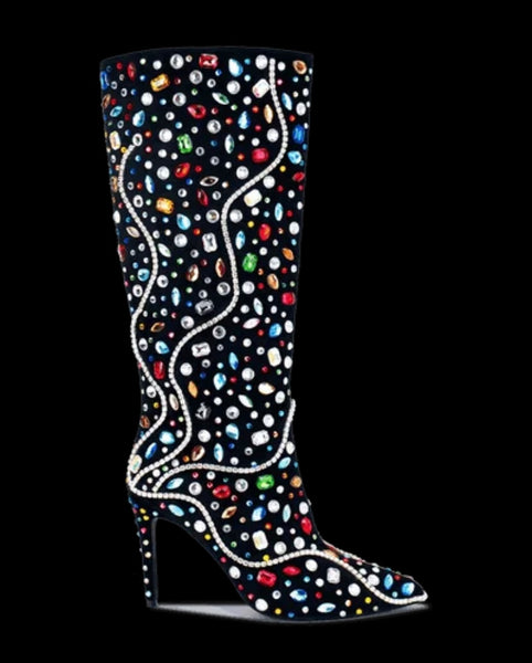 Women Fashion Black Color Crystal Knee High Boots