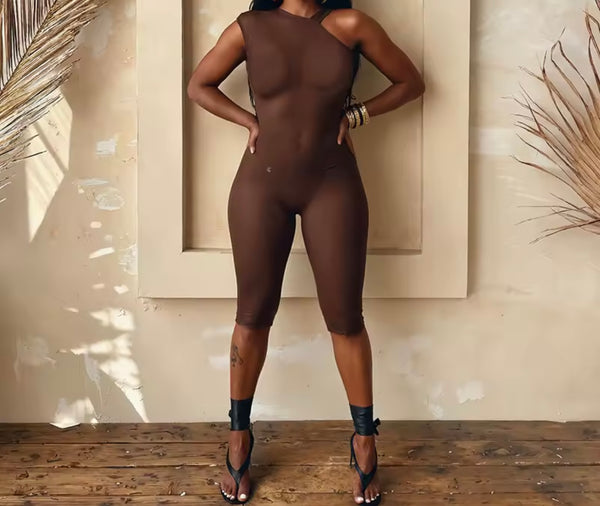 Women Sexy See Through Mesh One Shoulder Sleeveless Romper