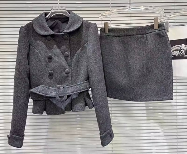 Women Button Up Belted Blazer Fashion Two Piece Skirt Set