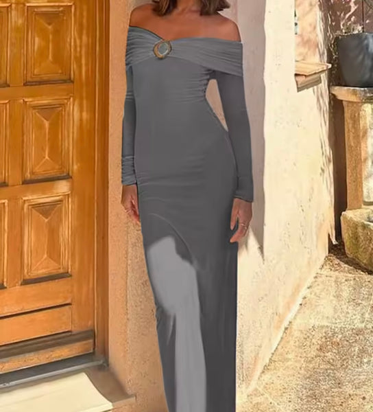 Women Sexy Solid Color Off The Shoulder Full Sleeve Maxi Dress