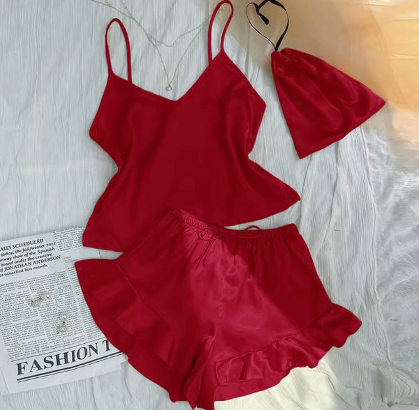 Women Sleeveless Satin Ruffled Lingerie Set