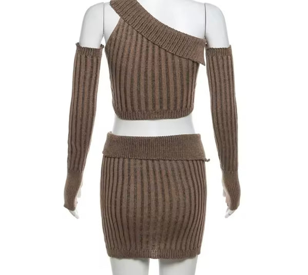 Women Sexy Brown Striped Button Two Piece Skirt Set