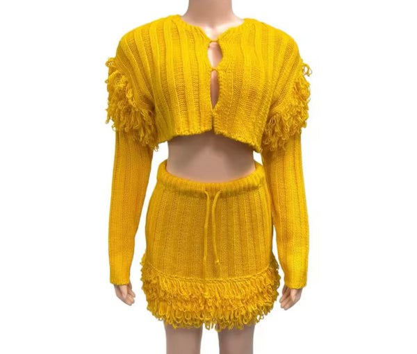 Women Yellow Knitted Fringe Full Sleeve Fashion Two Piece Skirt Set