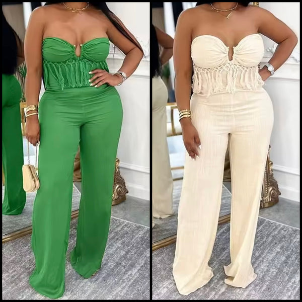 Women Color Strapless Fringe Fashion Jumpsuit