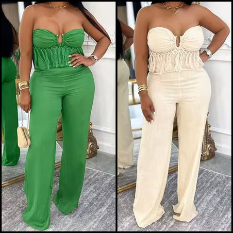 Women Color Strapless Fringe Fashion Jumpsuit