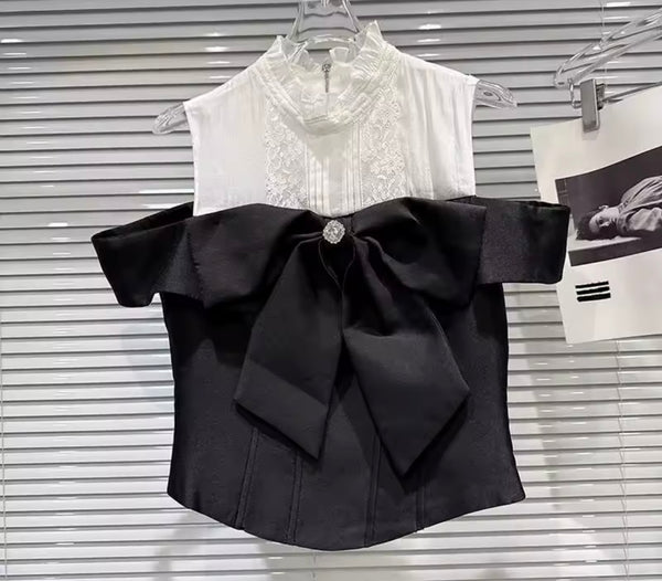 Women Bling Bow Color Patchwork Sleeveless Top