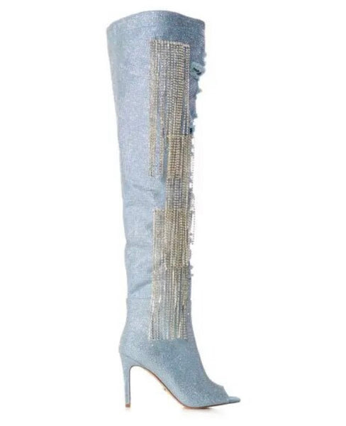 Women Fashion Open Toe Bling Tassel Denim Over The Knee Boots