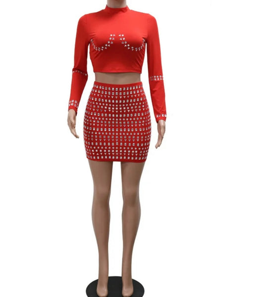 Women Sexy Bling Rhinestone Full Sleeve Two Piece Skirt Set