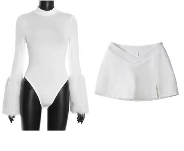 Women Fur Full Sleeve Bodysuit Fashion Two Piece Skirt Set
