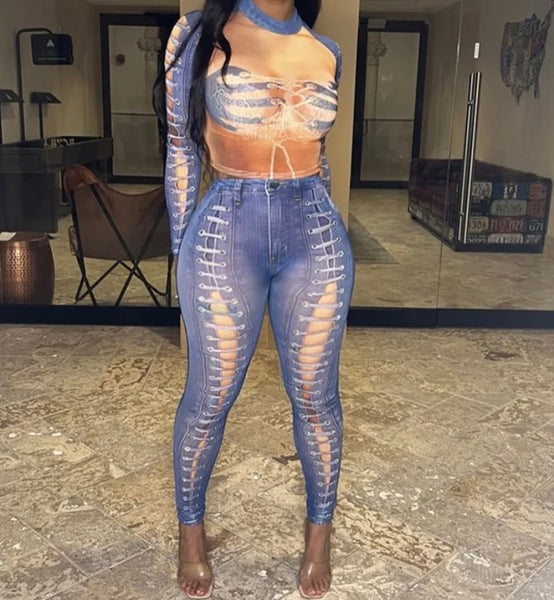 Women Sexy Denim Illusion Mesh Full Sleeve Two Piece Pant Set