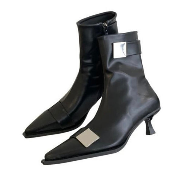 Women Black Pointed Toe Buckled Fashion Ankle Boots