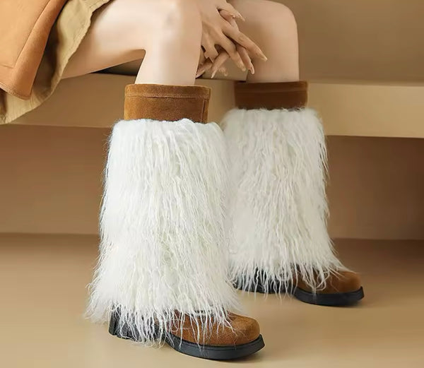 Women Fashion Color Patchwork Faux Fur Suede Knee High Boots