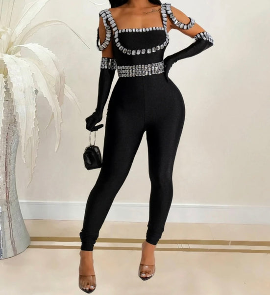 Women Sexy Black Bling Glove Fashion Jumpsuit