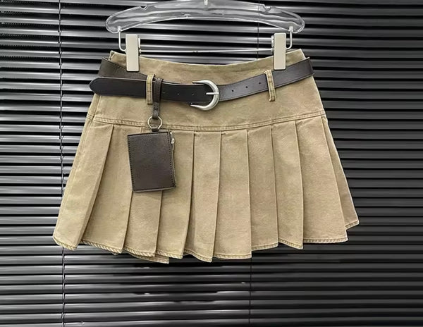 Women Fashion Jacket Belted Two Piece Pleated Skirt Set