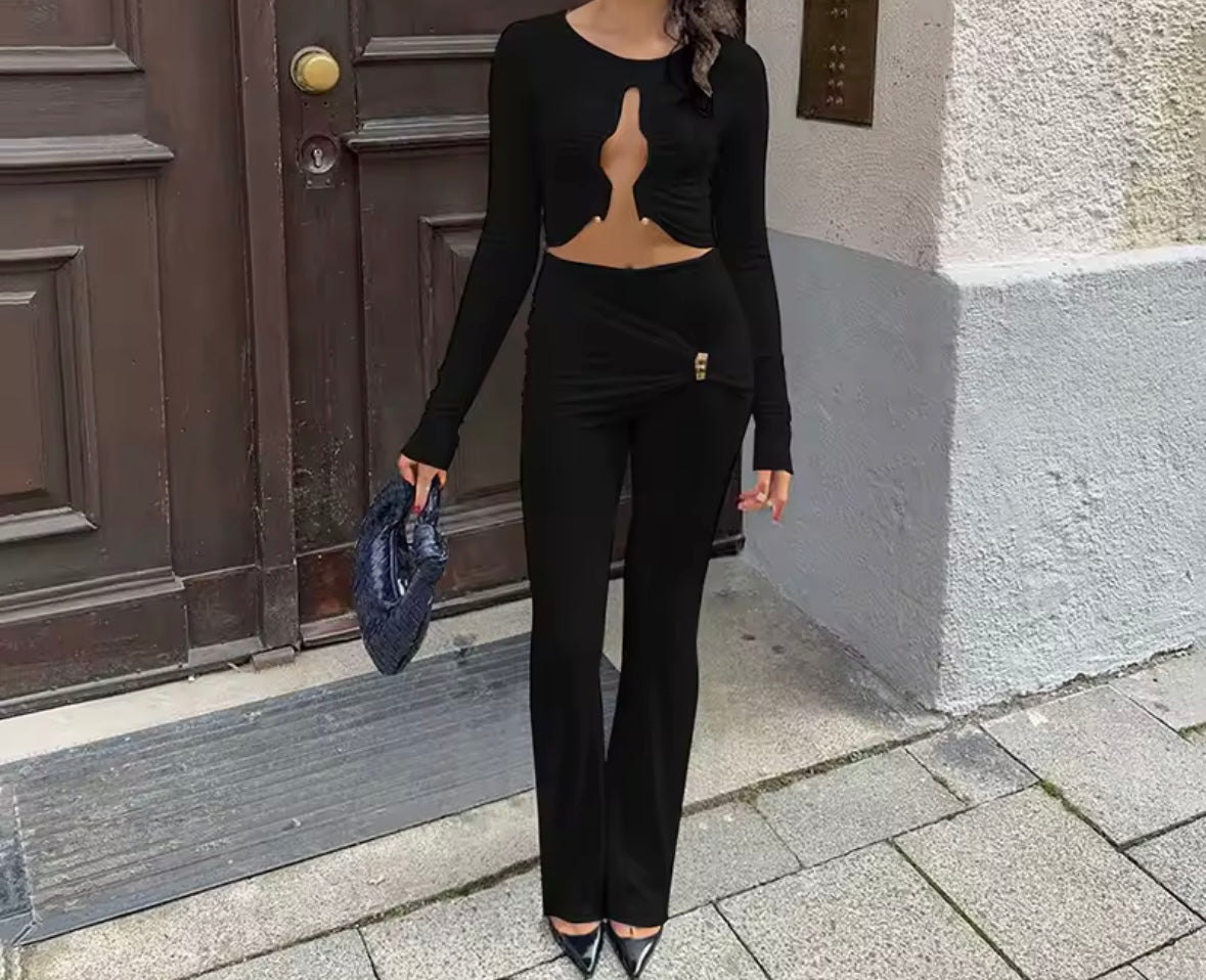 Women Sexy Cut Out Full Sleeve Crop Two Piece Wrap Pant Set