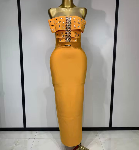 Women Orange Sexy Sleeveless Crystal Maxi Dress
