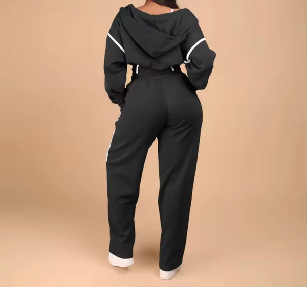 Women Fashion Striped Hooded Two Piece Tracksuit Pant Set