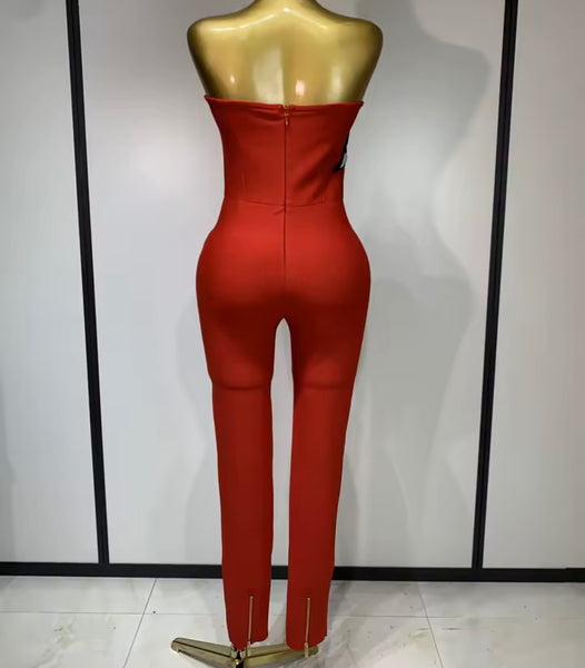 Women Red Printed Strapless Fashion Jumpsuit