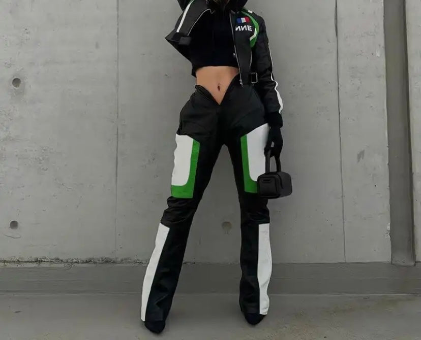 Women Fashion Color Patchwork Faux Leather Pants
