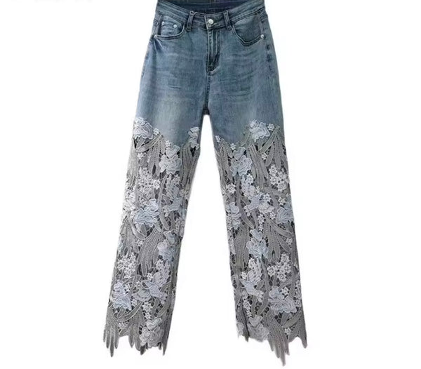 Women Fashion Embroidery Lace Patchwork Denim Pants