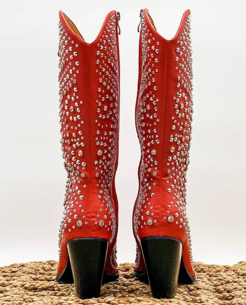 Women Fashion Red Rivet Knee High Western Boots