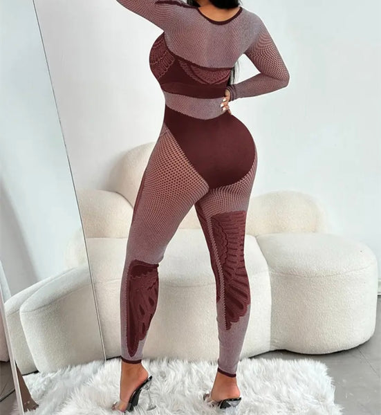 Women Sexy Cut Out Full Sleeve Mesh Patchwork Jumpsuit