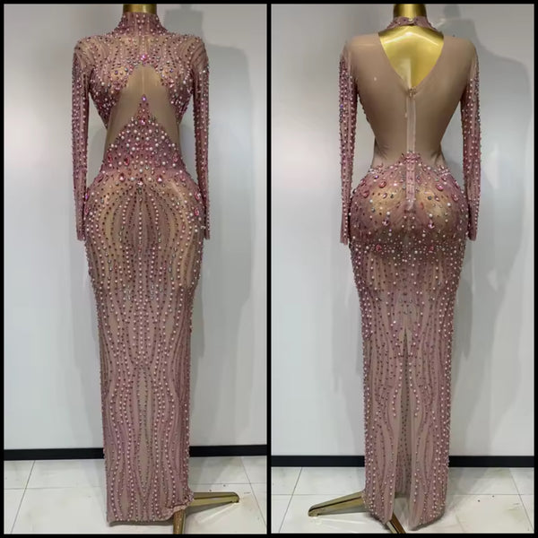Women Sexy Beaded Rhinestone Full Sleeve Mesh Maxi Dress
