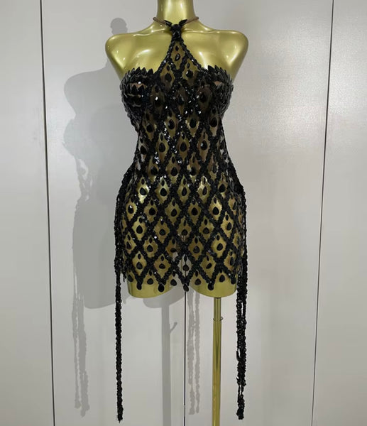 Women Halter Corset Sequins Crystal Tassel Two Piece Dress Set