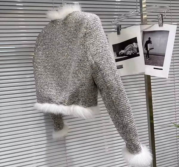 Women Fur Patchwork Sequins Fashion Tweed Jacket