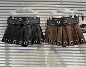 Women Faux Leather Fashion Metal Ring Pleated Skirt