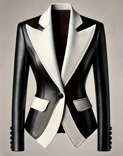 Women Fashion B&W Faux Leather Blazer Jacket