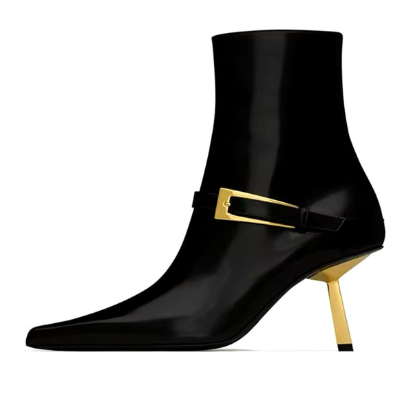 Women Fashion Pointed Toe Gold Buckled High Heel Ankle Boots