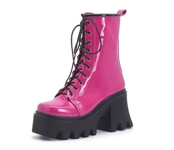 Women Fashion Patent Leather Lace Up Platform Ankle Boots