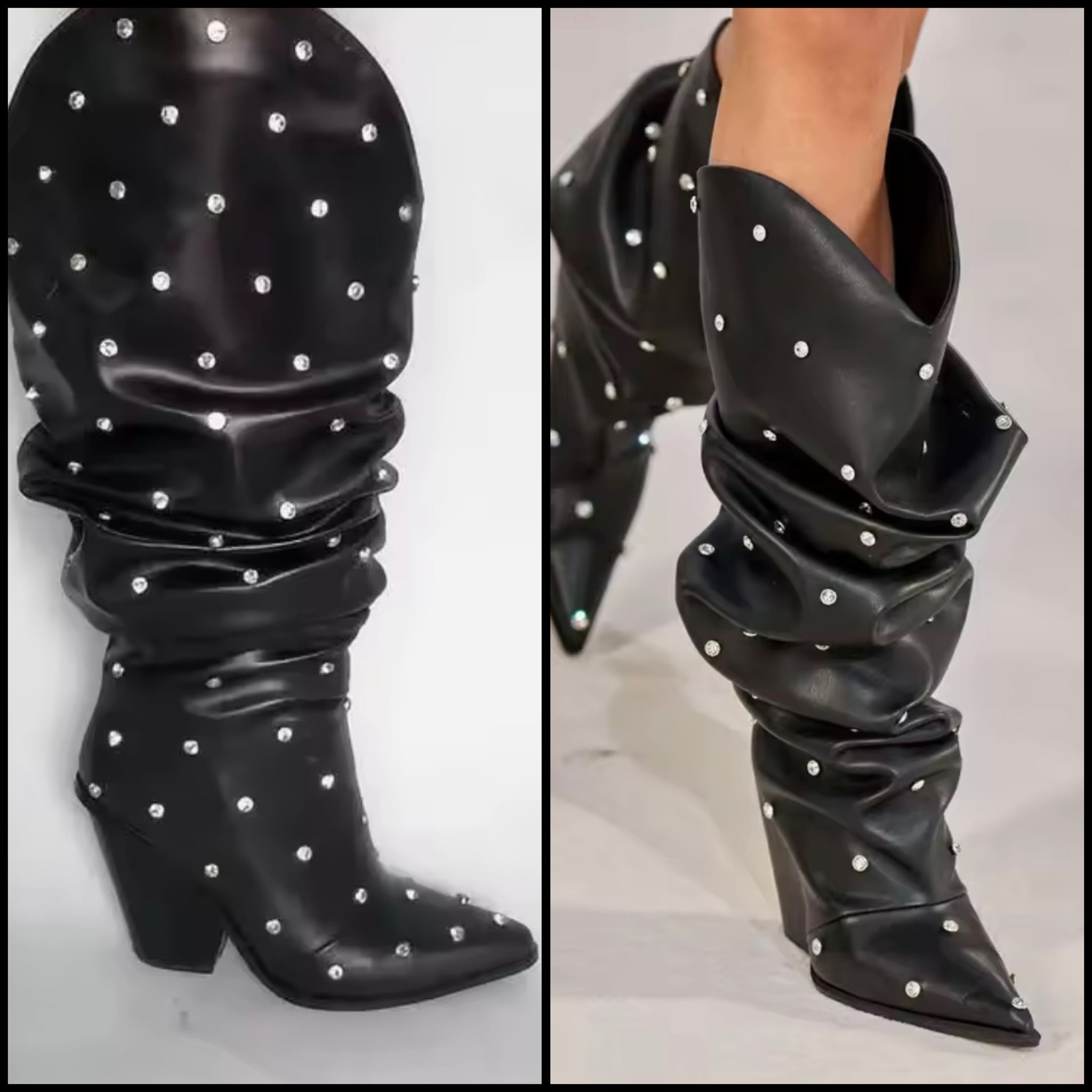 Women Fashion Ruched Faux Leather Rhinestone Western Boots