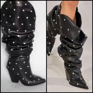 Women Fashion Ruched Faux Leather Rhinestone Western Boots
