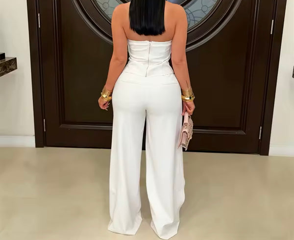 Women Strapless Ruched Asymmetrical Two Piece Pant Set