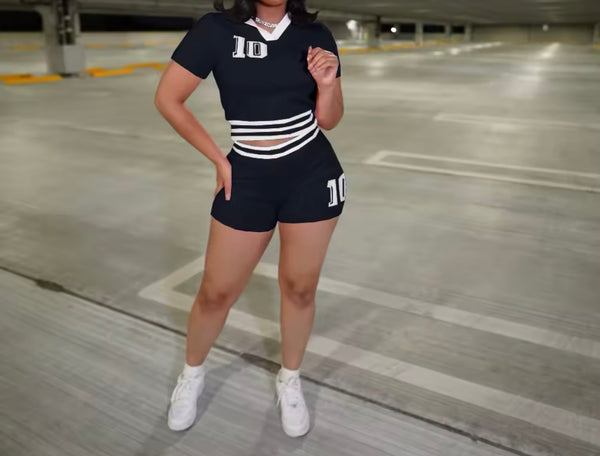 Women Fashion Number Short Sleeve Color Patchwork Two Piece Short Set