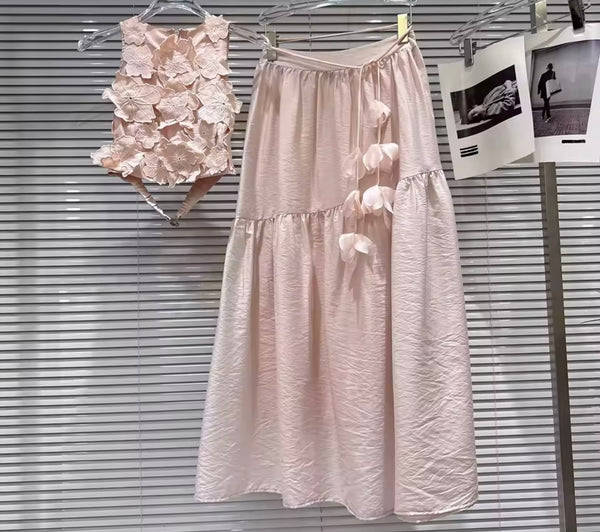 Women Sleeveless Floral Lace Two Piece Maxi Skirt Set