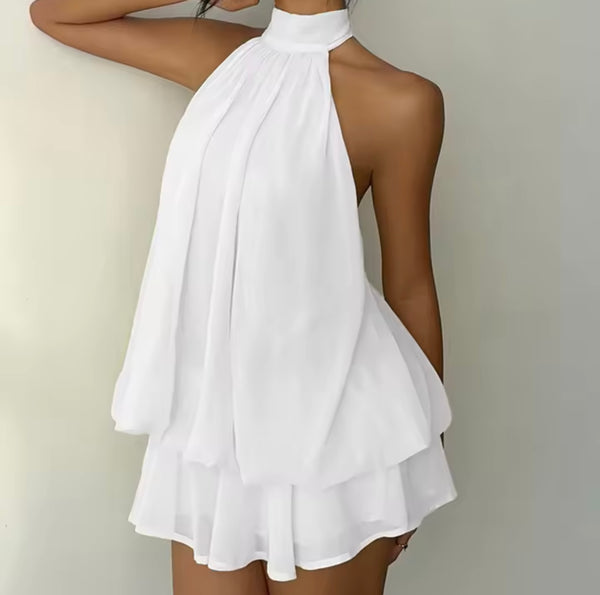 Women Sexy Halter Sleeveless Ruffled Mesh Dress