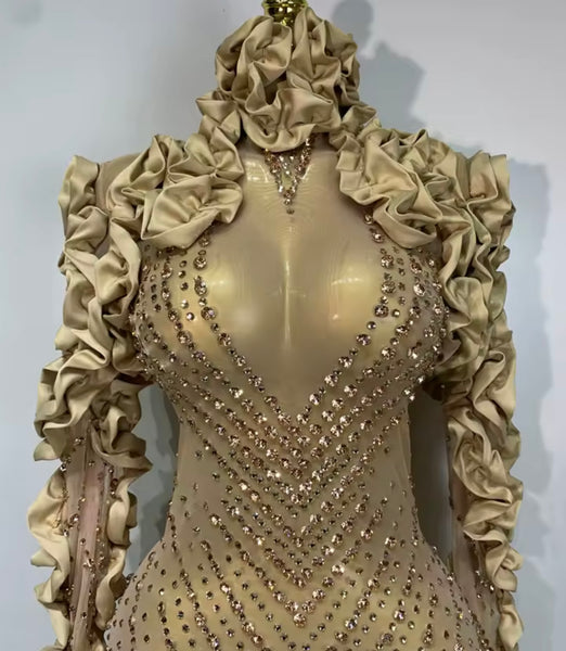 Women Gold Ruffled Rhinestone Full Sleeve Mesh Dress