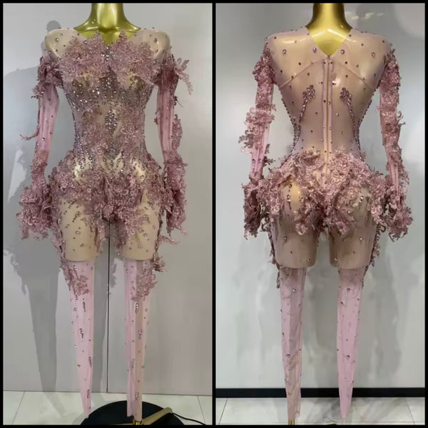 Women Sexy Pink Embroidered Rhinestone Full Sleeve Jumpsuit